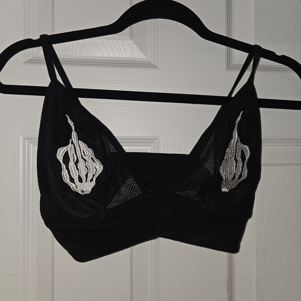 SHEIN Black Mesh Bralette with White Skeleton Hands Detail